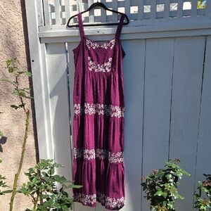 Burgundy Maxi Dress with White Embroidery Size L